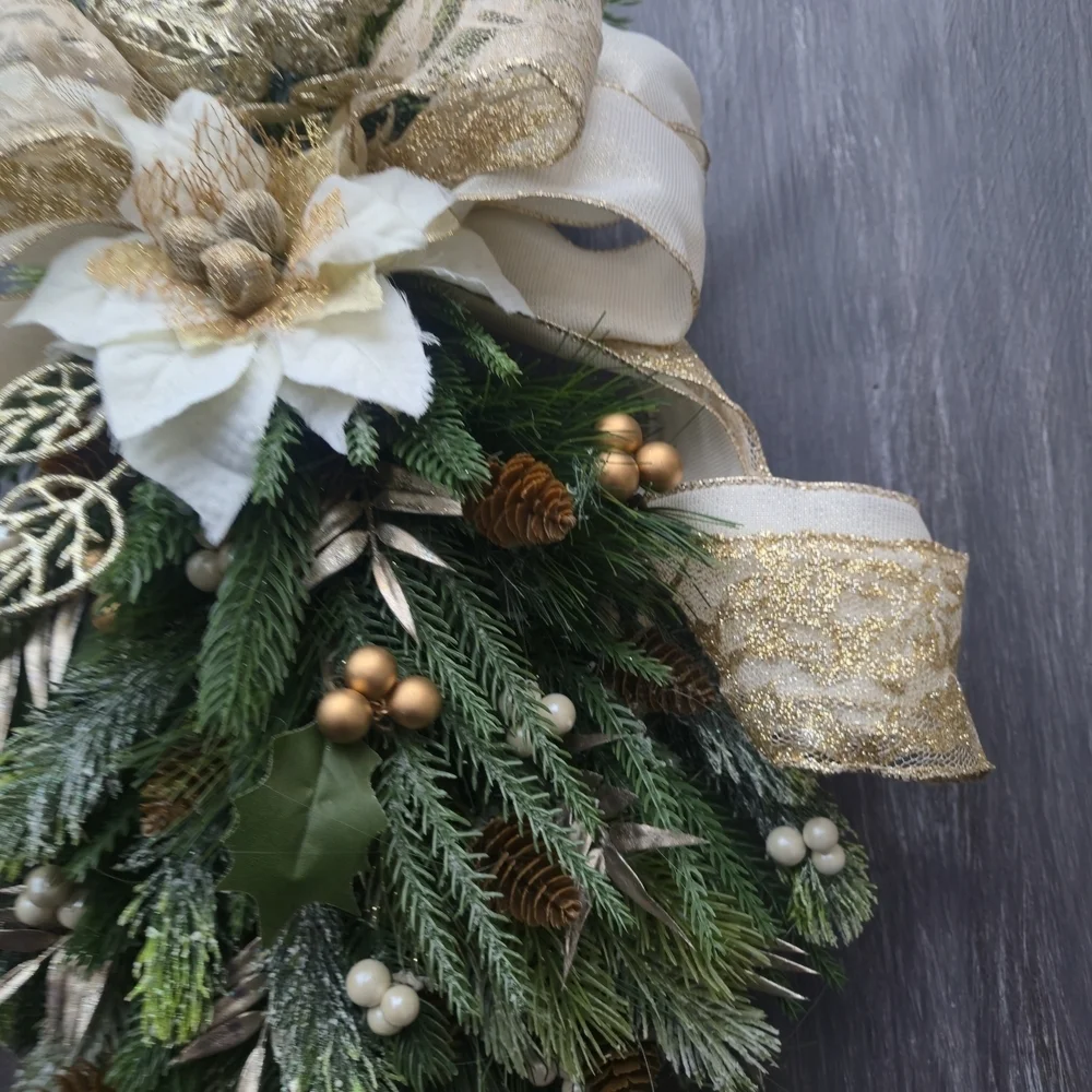 Handmade Elegant Champagne,Gold, Beige and Green Holiday Swag Wreath Door Hanger